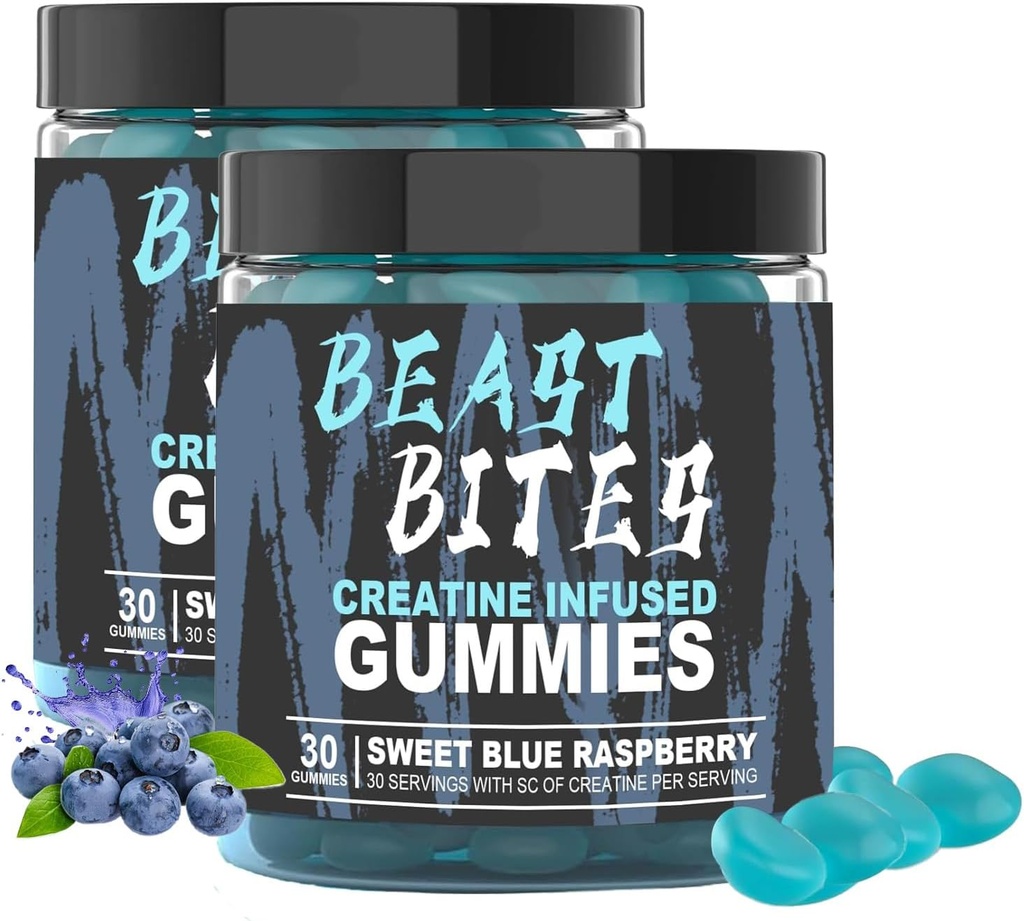 DYALE Beast Bites Creatine Bites - 서빙 당 5g Creatine Monohydrate - 설탕이나 인공 색소 - 저 칼로리, 채식주의자 & 할랄 - 블루 라즈베리 맛 - 30 Gummies (2pcs)