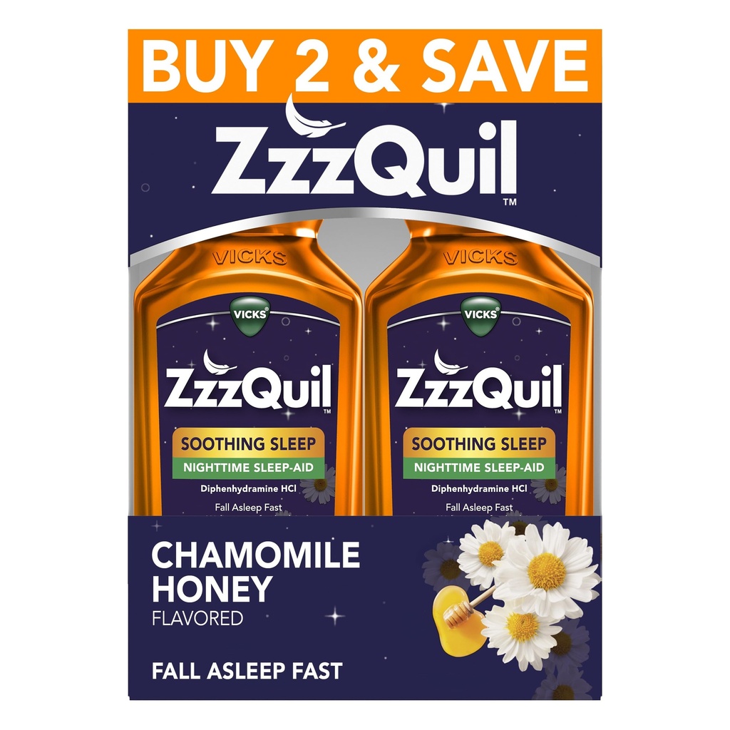 ZzzQuil 액체 수면 보조, 진정 수면, Diphenhydramine 50mg HCl, Chamomile 꿀 맛, 야간 수면 보조 액체, 성인을위한 수면 보조, 2 팩, 24 FL OZ