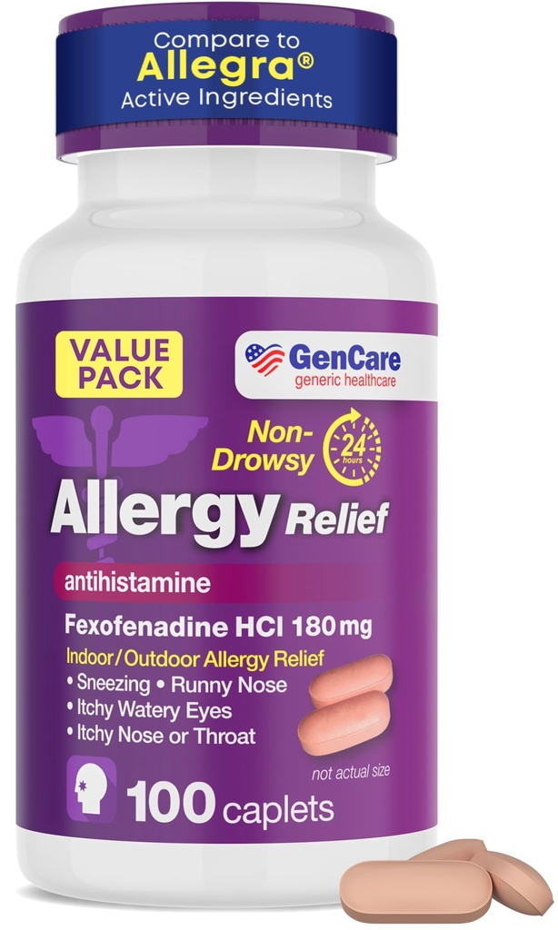 GenCare 알레르기 완화 알약 - Fexofenadine 180mg 24 시간 비 Drowsy 알레르기 약 항히스타민, Itchy 눈, Runny Nose, Hives (100 개)를 위한 Allegra 24 시간 비 Drowsy 알약과 비교하십시오