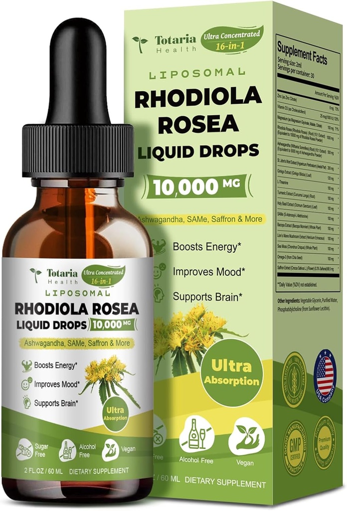 Totaria Liposomal Rhodiola Rosea Tincture 16 in 1, w/Ashwagandha, L-Theanine, Saffron, Rhodiola Rosea, 마그네슘을 가진 매우 힘 Cortisol 보충교재