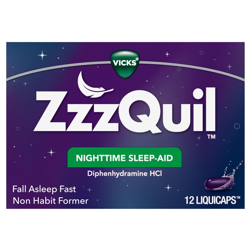 ZzzQuil, 야간 수면 보조 LiquiCaps, 25 mg Diphenhydramine HCl, No.1 수면 보조 브랜드, Non-Habit 성형, 가을 수면 빠른, 12 카운트