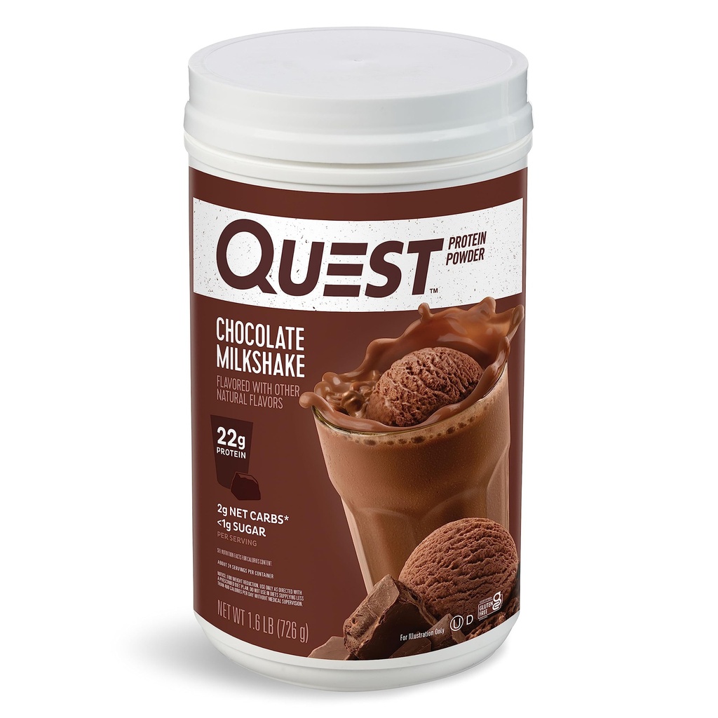 Quest Nutrition Chocolate Milkshake Protein Powder, 22g Protein, 2g Net Carbs, 1g Sugar, Low Carb, Gluten Free, 1.6 Pound, 24 서빙