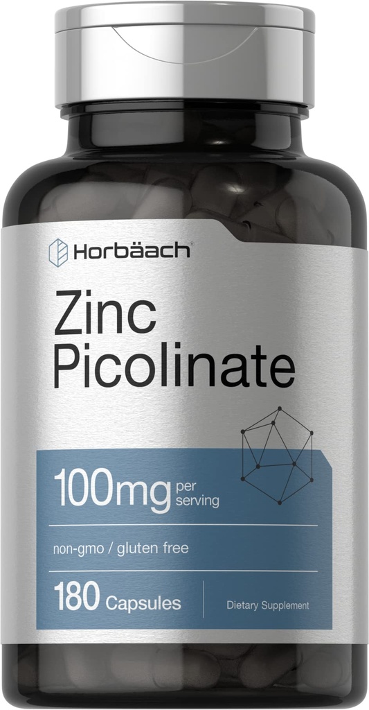 Horbäach 아연 Picolinate 100mg | 180 캡슐 | 높은 효능 | Non-GMO, 글루텐 무료 | 아연 보충