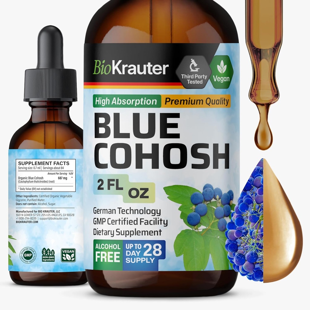 BIO KRAUTER® Menopause Women* - Blue Cohosh Tincture 2 Fl.Oz 28 공급 일 - Menopause 지원을위한 Vegan Blue Cohosh Extract - 알코올 및 설탕 무료 - Relaxation & Women's Wellness