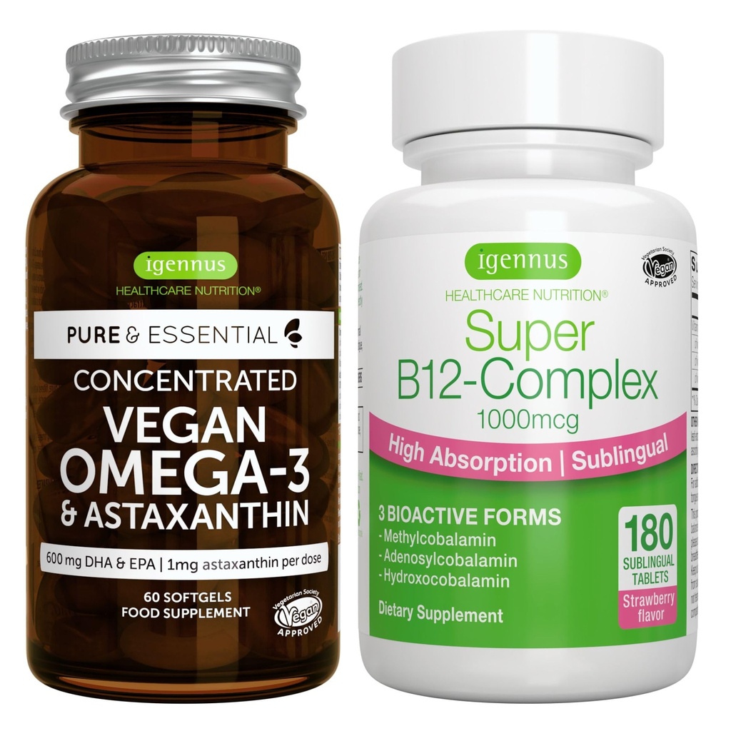 Vegan Omega-3 + Super B12-Complex 1000mcg 채식 뭉치, 지속 가능한 EPA & DHA 조류 기름 1340mg + 높은 흡수는 메틸코발라민, Adenosylcobalamin & Hydroxocobalamin를 가진 하위 언어 비타민 B12를 기름을 바릅니다,
