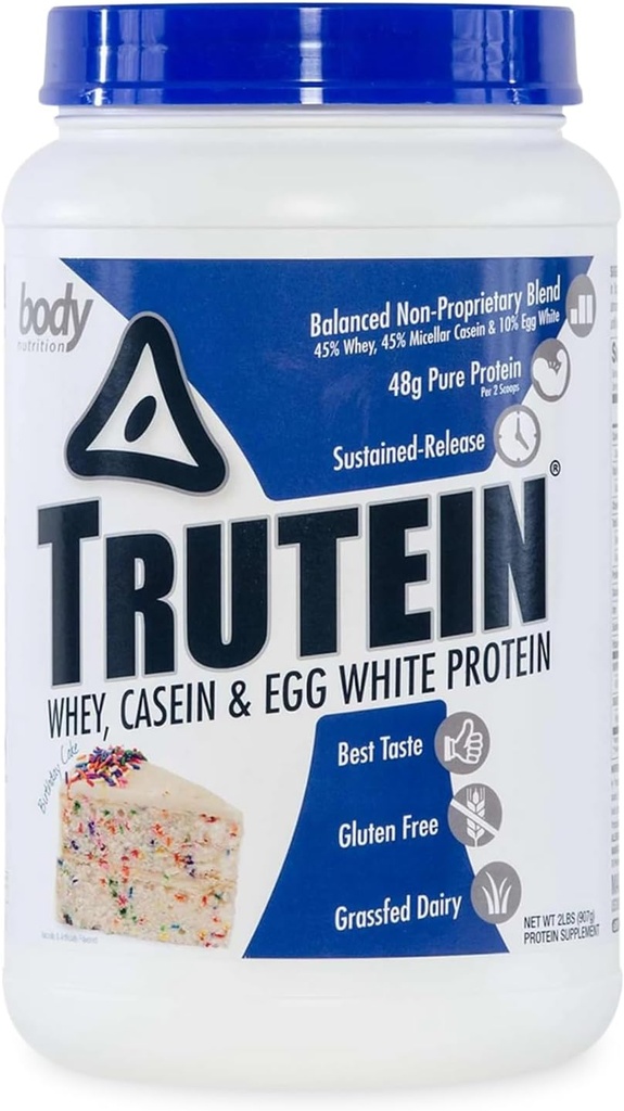 몸 영양 Trutein 높은 단백질 분말: 45% Whey, 45% Casein, 10% 계란 백색 단백질 Shake 혼합, 글루텐 자유로운, 낮은 나트륨, 남자 & 여자를 위한 낮은 Carb 단백질 보충교재 분말, 생일 케이크, 2lb