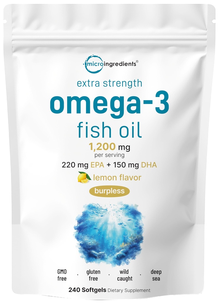 마이크로 성분 여분 힘 Omega 3 물고기 기름은 서빙, 240 Softgels 당 1,200mg를 보충합니다 | 레몬 맛 | Burpless | 정유 | EPA 220mg + DHA 150mg | 심해 물고기