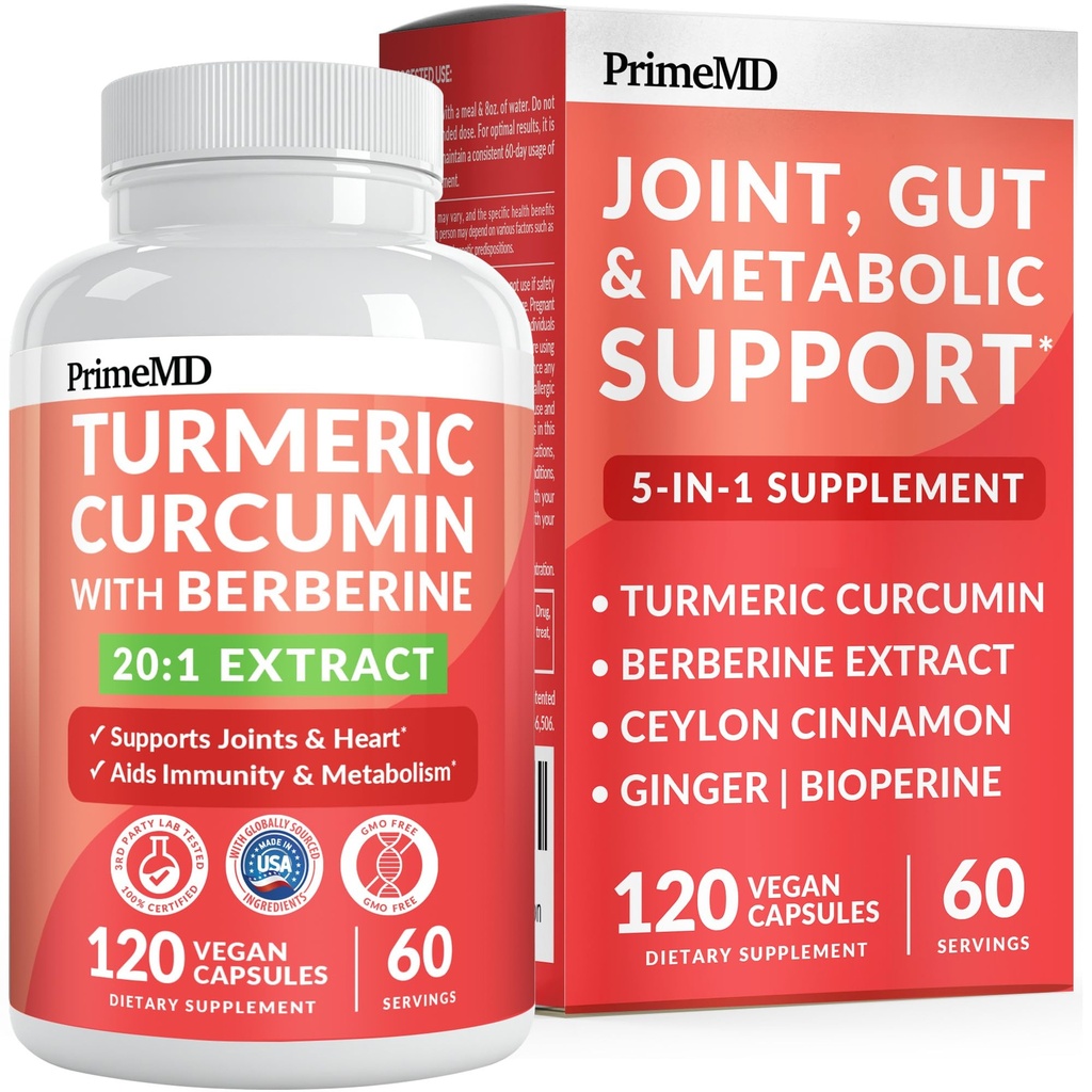 Berberine, Ceylon Cinnamon Bioperine 및 Ginger 보조 식품, 심장, Gut, 및 대사 지원 (120 ct)와 5-in-1 유기 심황 Curcumin 보충 (4210mg)