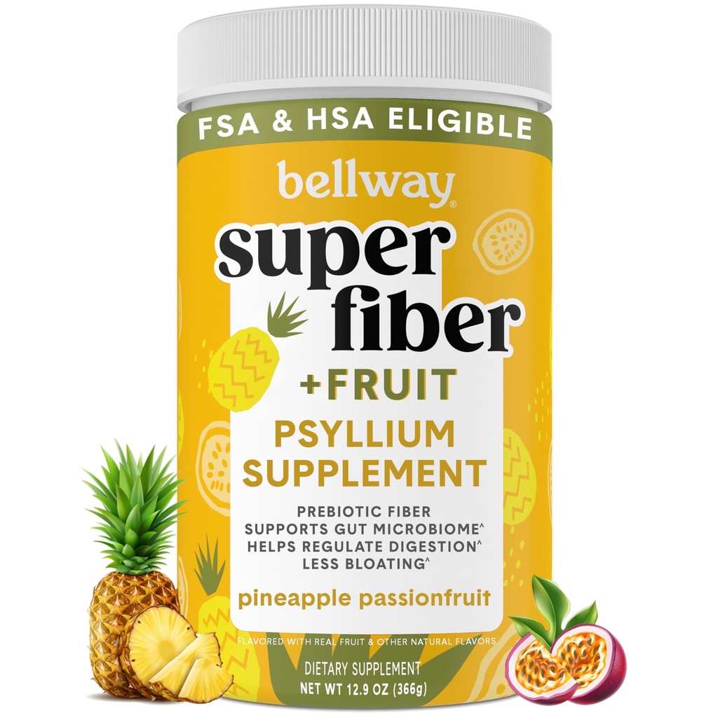 Bellway Super Fiber Powder + Fruit, Sugar Free Organic Psyllium Husk Powder Fiber Supplement for Regularity, Bloating Relief & Digestive Health, Plant 기반, 파인애플 Passion Fruit (50 서빙)