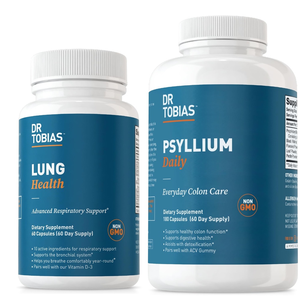Dr. Tobias Lung Health & Psyllium Daily Supplements, Lung Cleanse & Detox Formula, Psyllium Husk, 비타민 C, Butterbur, Quercetin, Daily Fiber 및 Lung Supplement와 건강한 Bowel 운동 지원