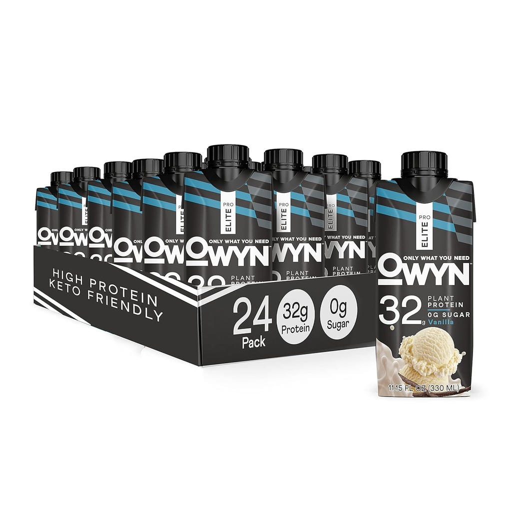 OWYN Pro Elite Vegan Plant 기반 고단백 Shake, 바닐라, 24Pack, 32g Plant Protein, Prebiotics, Superfoods Greens for Workout and Recovery, 0g Net Carbs, Zero Sugar, Keto (24 Pack)