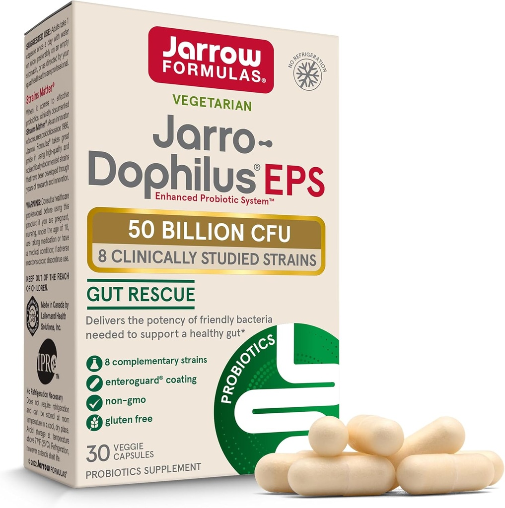 Jarrow Formulas Jarro-Dophilus EPS - 서빙 당 50 억 조직 - 30 Enteric 코팅 Veggie Caps - 멀티 스트레인 프로 바이오 틱 - Intestinal & 면역 건강 - 최대 30 서빙