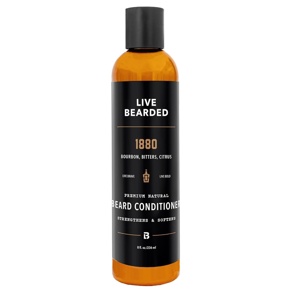 라이브 Bearded Beard 컨디셔너, 8 fl oz - 강점과 부드러움 얼굴 헤어 - 미국에서 만든 - Biotin, Caffeine의 모든 자연 성분 | 1880 Scent - Bourbon, Bitters, Citrus
