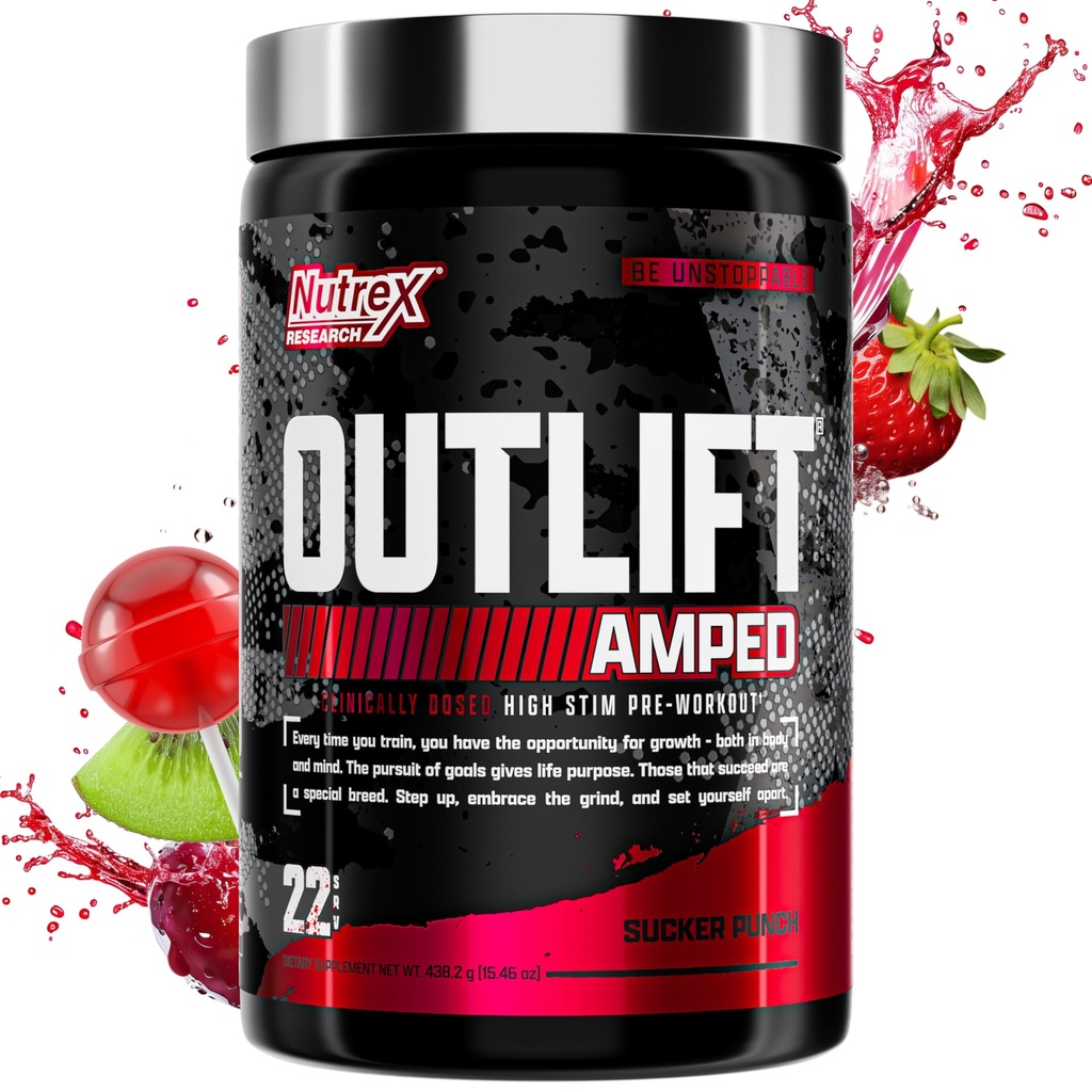OUTLIFT Amped 최대 투약된 높은 STIM 전 운동 분말, 6G Citrulline, 3.2G beta Alanine, 알파 GPC, CognatiQ, 극단적인 에너지, 대규모 펌프, 힘, 전해질, Nootropics, 과일 펀치, 22의 서빙