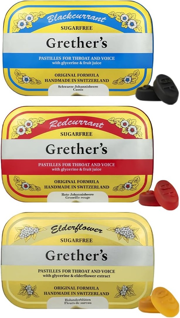 GRETHER'S Sugarfree Pastilles Blackcurrant, Elderflower & Redcurrant - 가수를위한 선물 - 건조한 입 구호를위한 자연 Remedy - 2.1 oz (포장 3)
