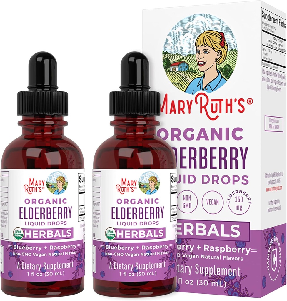 Elderberry Syrup | USDA Organic Elderberry | 설탕 무료 성인 & 어린이 면역 지원은 연령 1 +| Clean Label Project Verified, Vegan, Non-GMO, 글루텐 무료 | 1 Fl Oz (2 팩)
