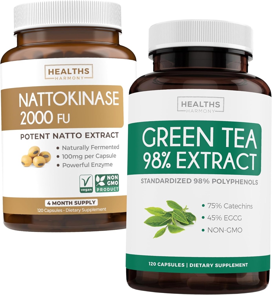Nattokinase & 녹차 (2 달 공급) 녹색 활력 부스트 - Nattokinase 2000 FU 강력한 Naturally Fermented Soybeans -120 Cap & Green Tea Extract 98 % with EGCG (Non-GMO) Natural Metabolism Boost