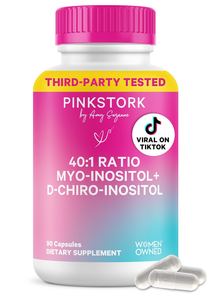 여성을위한 핑크 Stork Inositol 보충 - 40 : 1 Myo-Inositol & D-Chiro Inositol - 호르몬 균형, 불연성 및 Ovarian 지원 - 사이클 정규 및 대사 웰빙, 30 서빙