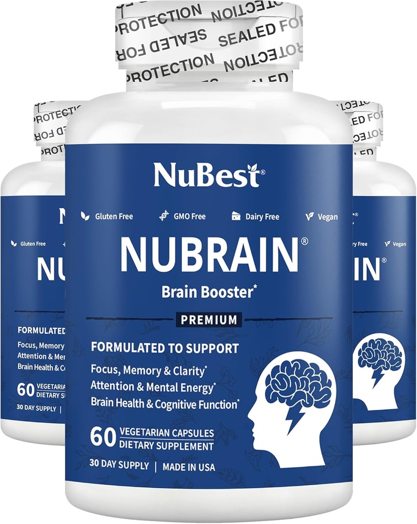 NuBrain - 고급 두뇌 부스터 - 개선 메모리, 초점 & 비타민 B6, Ginkgo Biloba, Bacopa Monnieri & More - 남자를위한 두뇌 보충 - 3 팩 | 3 개월 공급