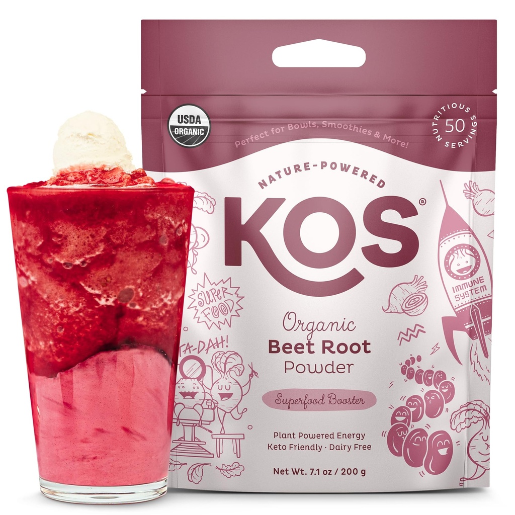 KOS Organic Beet Root Powder, USDA Certified - 슈퍼 푸드 플랜트 기반 Beetroot 성분 Stamina Increasing, Circulation - Non-GMO, Soy & Gluten-Free, 50 서빙백