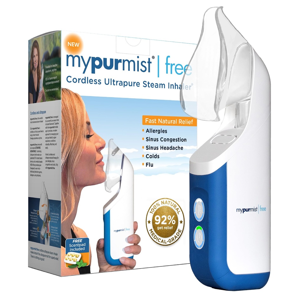 Mypurmist Free Ultrapure Cordless Steam Inhaler - 휴대용 개인 및 배터리 전원 증기, 증기 및 가습기 Sinus Relief, Nasal Congestion, Cold & Cough, Vocal Care