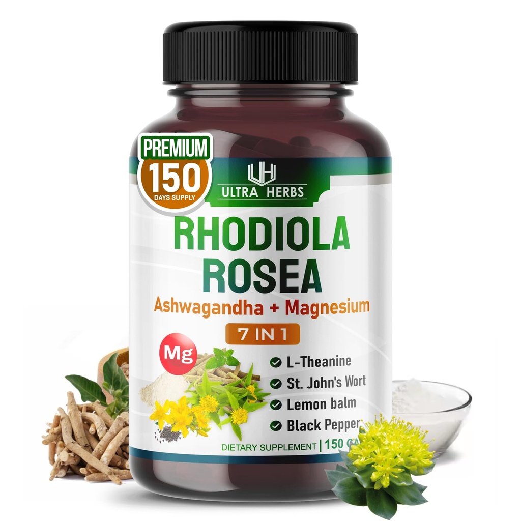 Rhodiola Rosea Supplement는 Ashwagandha, Magnesium, L-Theanine, St. John 's Wort, Lemon Balm과 함께 풍부했습니다. Mood, Sleeps Quality 및 Mental Focus | 150 캡슐