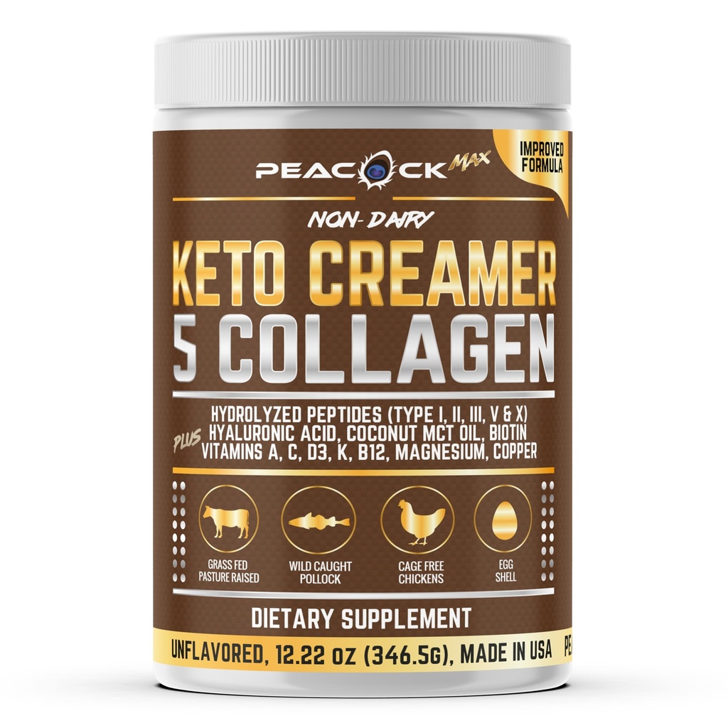 교원질 Keto 커피 크림 분말 12.2 oz - 코코넛 MCT 기름, B12, 마그네슘, 불연성 단백질 분말을 가진 가수분해한 교원질 펩티드, 매끄러운 & 굽기를 위한 설탕 자유로운 커피 크림