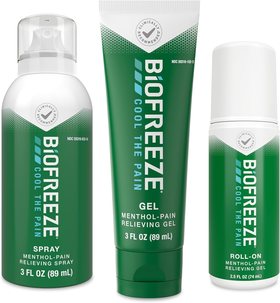 Biofreeze Pain Relief Roll-On 2.5 FL OZ, 젤 3 FL OZ, 그리고 스프레이 3 근육과 관절 관절염, 허리 통증, Strains, Bruises, 스쿠트 (패키지 May Vary)