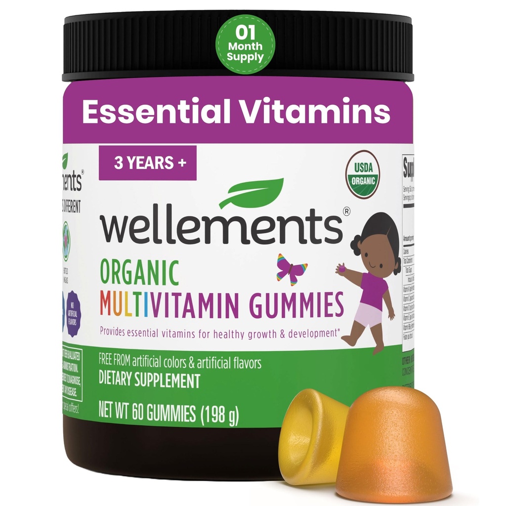 Wellements USDA 유기 아이 Multivitamin Gummies 60 Ct (3+ 년) | 근본적인 아이 비타민 A, B, C, D, E & 아연 | 건강한 성장 & 발달 지원 * | 비 GMO, 글루텐 없음 & 인공적인 색깔
