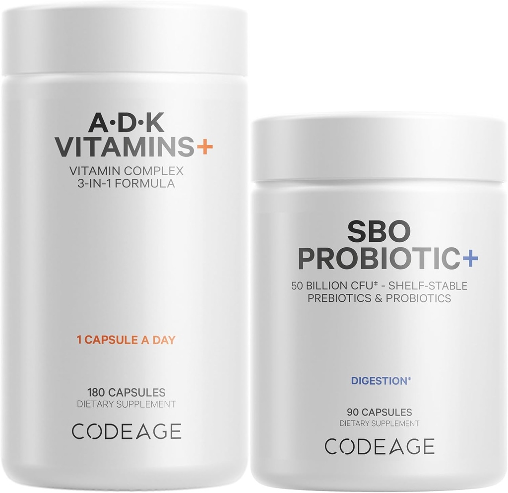 Codeage 일일 ADK 비타민 & 프로바이오틱 번들 - 비타민 A Retinyl Palmitate, 비타민 D3 Cholecalciferol, 비타민 K, 50 억 CFU SBO Probiotic 혼합, 비 GMO
