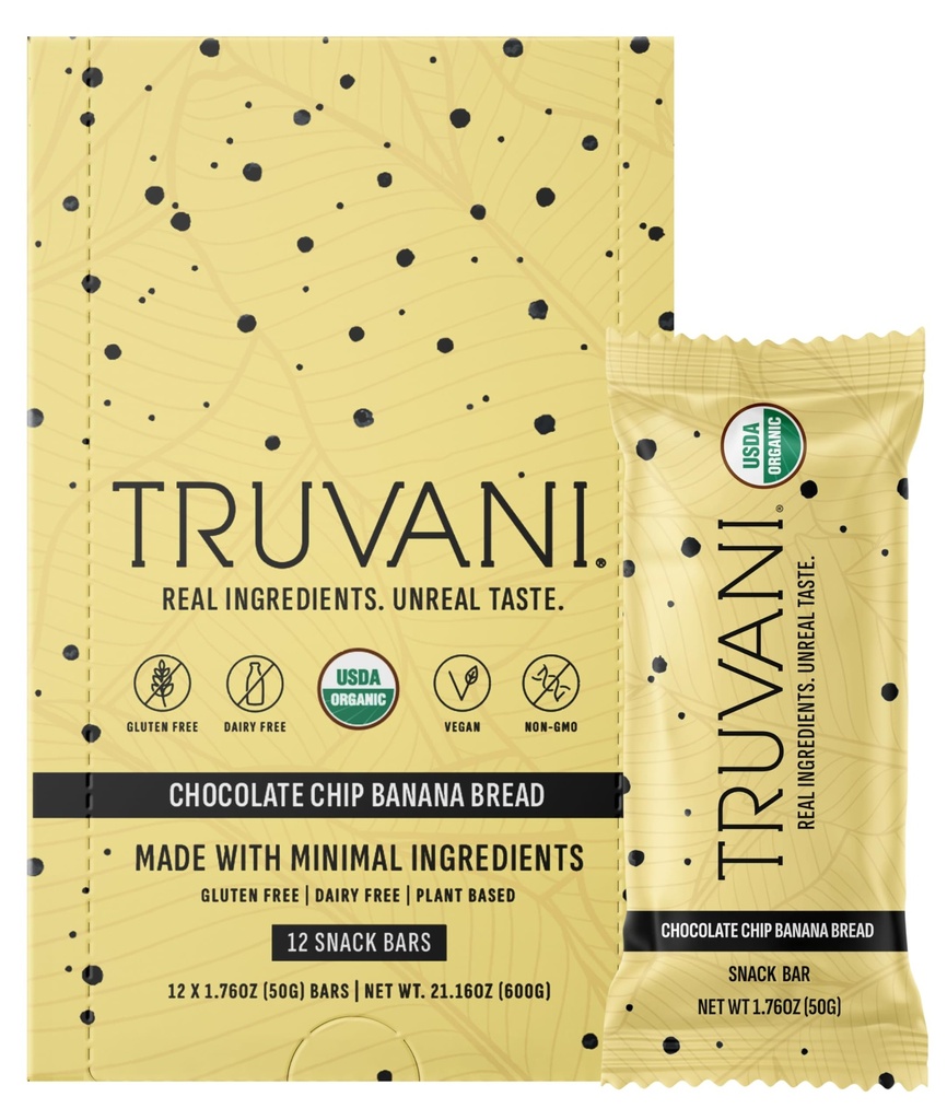 Truvani Plant 기반 스낵 바 | 초콜릿 칩 바나나 빵 12 팩 | 5g Protein | USDA Organic and Vegan | The Only Bar | Dairy, Soy, Gluten Free | 개별적으로 포장