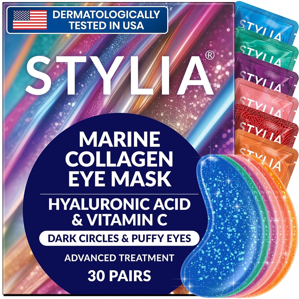 Stylia Collagen & Vitamin C Under Eye Patchs for Puffy Eyes & Dark Circle - Hyaluronic Acid - Vegan, Cruelty-Free Skincare (30 쌍)를 가진 눈 가면의 밑에 Depuffing, Hydrating & Firming