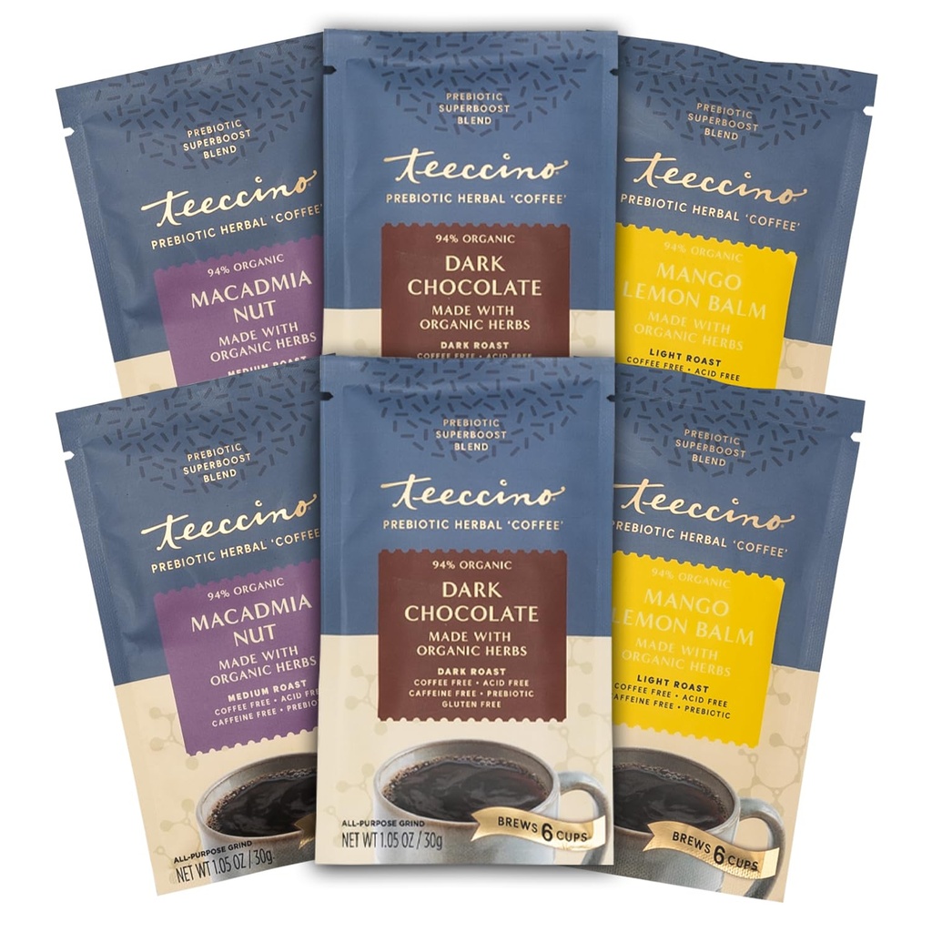 Teeccino Prebiotic SuperBoostTM 초본 커피 샘플러 - 6 Trial-Size Packets - 다크 초콜릿, Mango Lemon Balm, Macadamia Nut - Prebiotic, Caffeine-Free, 좋은 Gut 건강을위한 지상 커피 대안