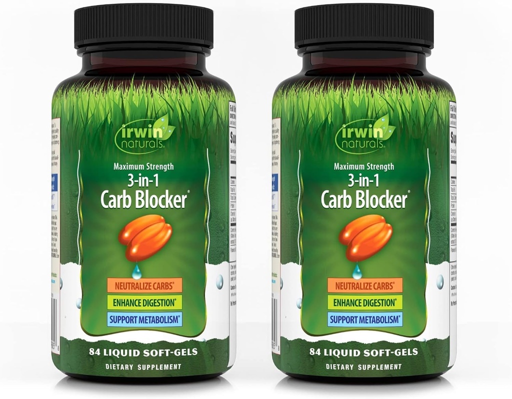 Irwin Naturals 최대 강도 3-in-1 Carb Blocker - 84 액체 소프트 젤, 2 팩 - 탄수화물을 중립화 - 84 총 서빙
