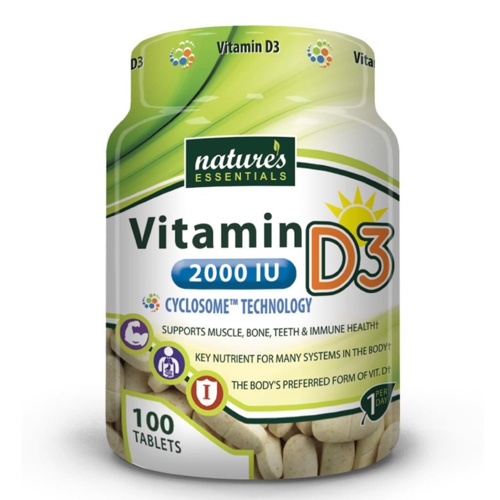 NATURE'S ESSENTIALS 비타민 D3 2000IU | 면역 지원 | Advanced Cyclosome Liposomal Delivery | 비 GMO, 글루텐 프리, 채식 | 100 정제