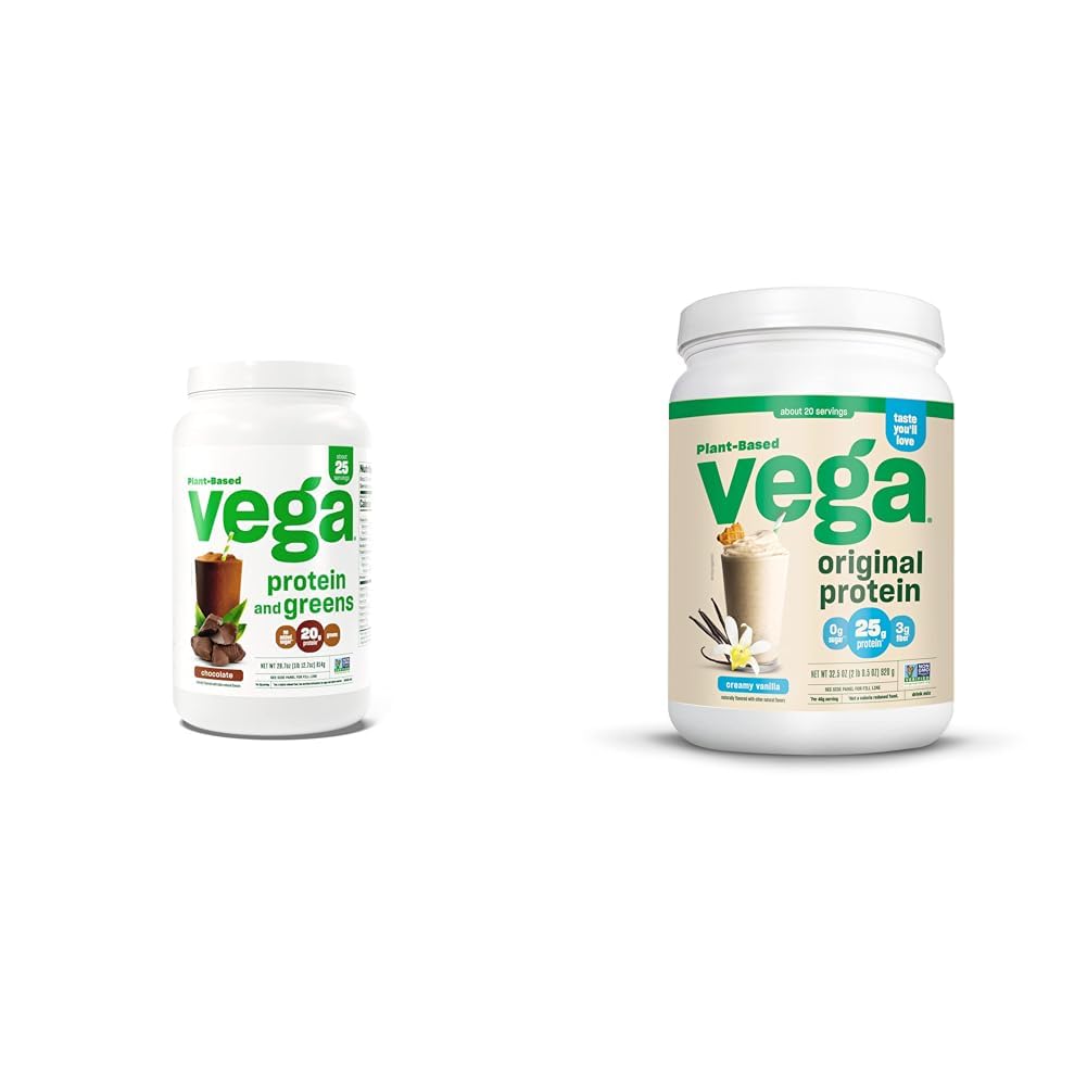Vega 단백질과 녹색 단백질 분말, 초콜렛 & 본래 단백질 분말, 크림 바닐라 식물 물, 우유 및 매끈함을 위한 근거한 단백질 음료 혼합, 32.5 oz