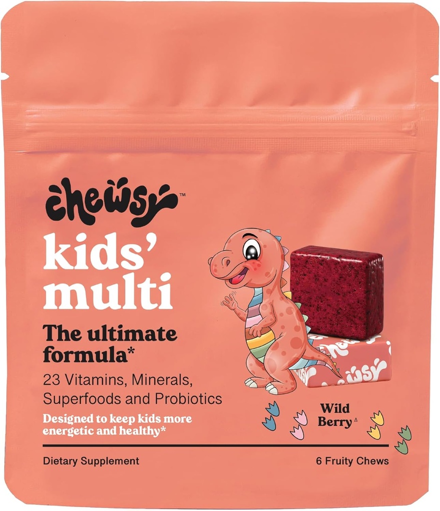 Chewsy Kids' Multivitamin + Probiotics + Superfoods Chews, Immune & Digestive 지원, 비타민 A, C, D3, E, 아연, 어린이 Chewable 보충교재, 개별적으로 감싸인 과일 Chews, 6 일 공급 (1)