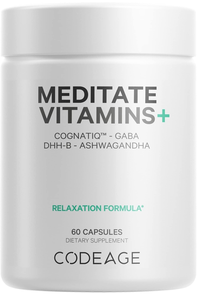 Codeage Meditate Vitamins+ 보충교재 - CognatiQ, DHH-B, GABA, Ashwagandha, 유기 버섯, 블루베리 - BDNF 뇌 알약 및 Neuroprotein - Vegan, Non-GMO, 글루텐 - 무료 60의 캡슐