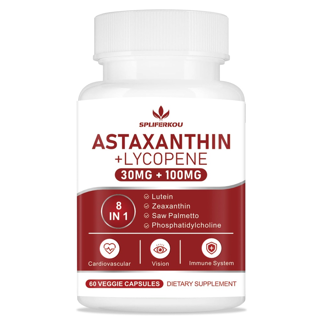 Astaxanthin와 Lycopene 70mg의 Phosphatidylcholine, Lutein 및 Zeaxanthin를 가진 Astaxanthin 보충교재, 피부, 눈 및 합동 건강을 위한 강력한 산화 방지제 보충교재 지원 (60의 캡슐)