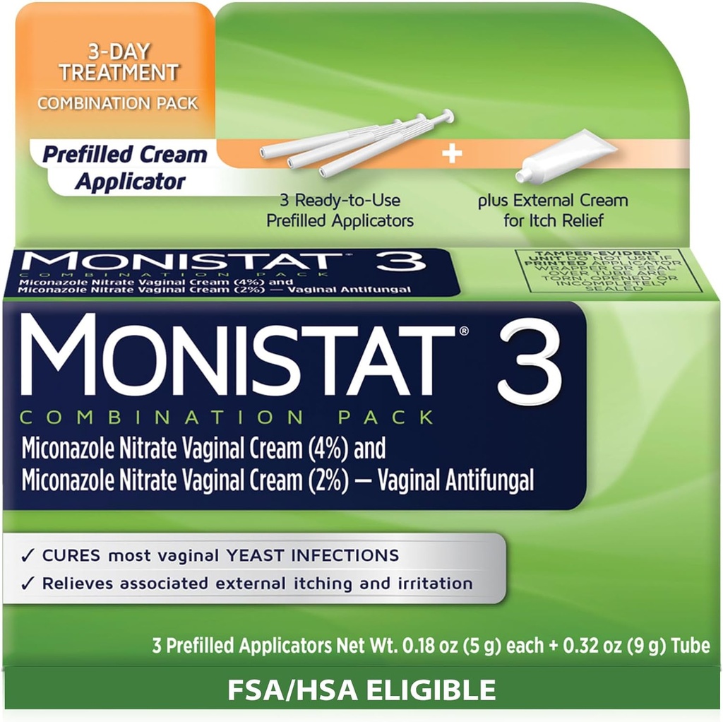 여성을위한 Monistat 3 일 효모 감염 치료, 3 Miconazole Pre-Filled Cream Applicators & External Monistat Anti-Itch Cream Bundle