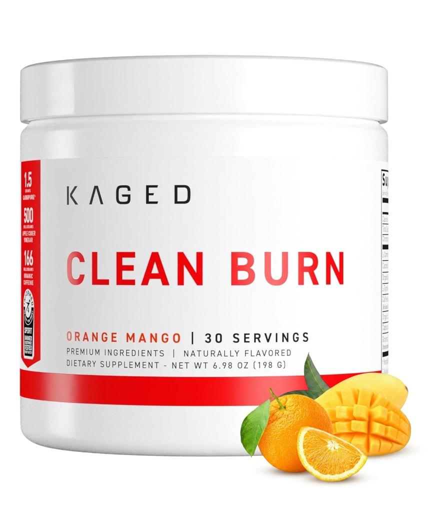 KAGED Clean Burn | Thermogenic 지방 버너 분말 | CaloriBurn GP, L Carnitine, 코코넛 워터 | Boost Metabolism, Energy, Focus | 오렌지 망고