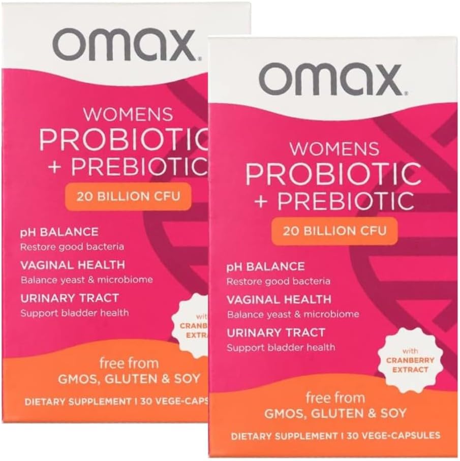여성용 2 팩 Omax Prebiotics & Probiotics Complex, pH 밸런스, 질 건강, Urinary Tract, Yeast, UTI/BV 예방, Bloating PH 20 Billion CFU | Vegan, 유기, 글루텐 프리, 60 Vege-Capsules