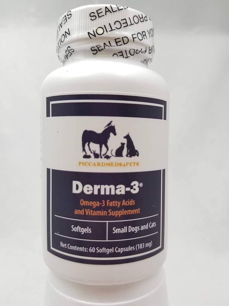 작은 개와 고양이를위한 Piccardmeds4pets Derma-3 Softgels Omega-3 60 CT