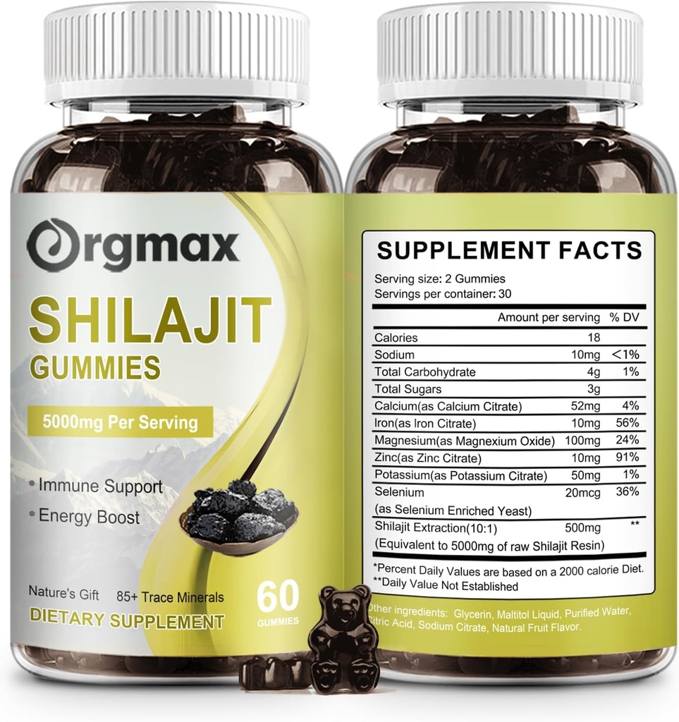 Shilajit 순수한 Himalayan 유기 Shilajit Gummies, 5000MG 85+Trace 무기물 & Fulvic 산을 가진 남자 & 여자를 위한 Shilajit 보충교재, 초점, 에너지 & 면역성, 비 GMO를 위한 지원|60 조사, 2 팩
