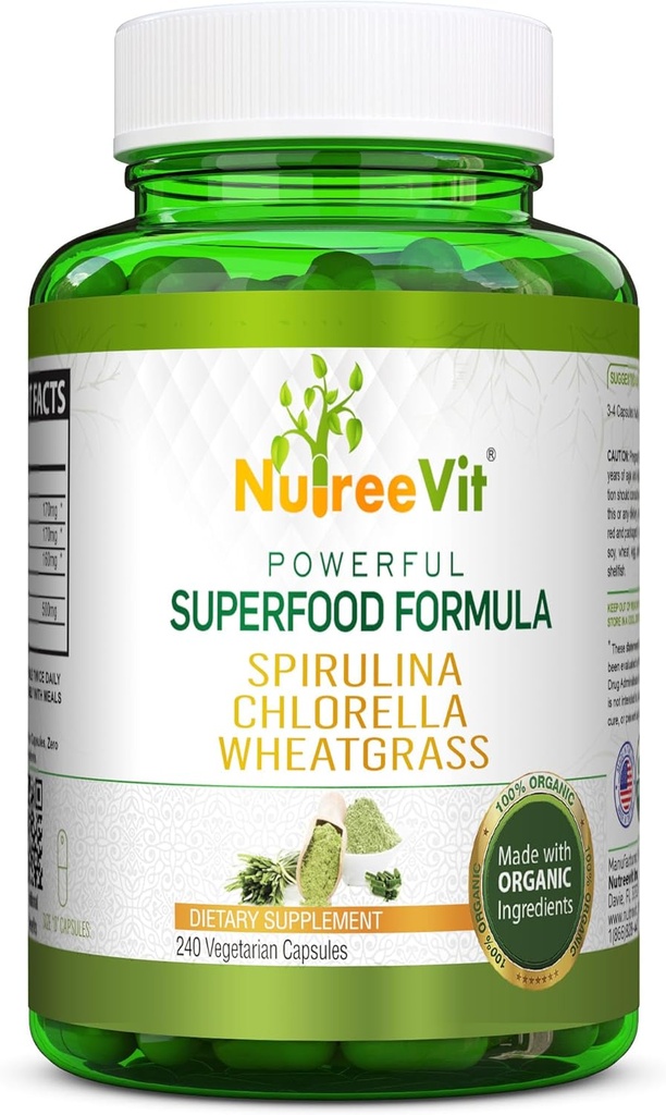 NutreeVit 순수한 100% 유기 Spirulina + Chlorella + Wheatgrass - 강력한 Superfood - Veggie 캡슐 | 500mg