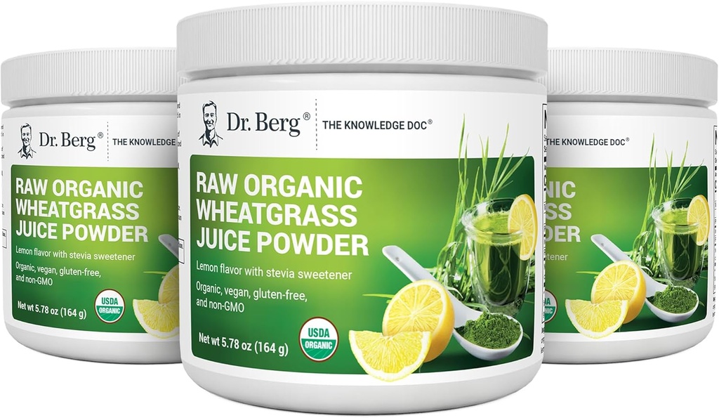 Dr. Berg의 익지않는 Wheatgrass 주스 분말 (60의 서빙) - USDA는 유기 Wheatgrass 분말 w/Chlorophyll의 추적 무기물 & 자연적인 효소 - 매우 집중된 - 레몬 풍미 w/ 스테비아 3 팩을 증명했습니다