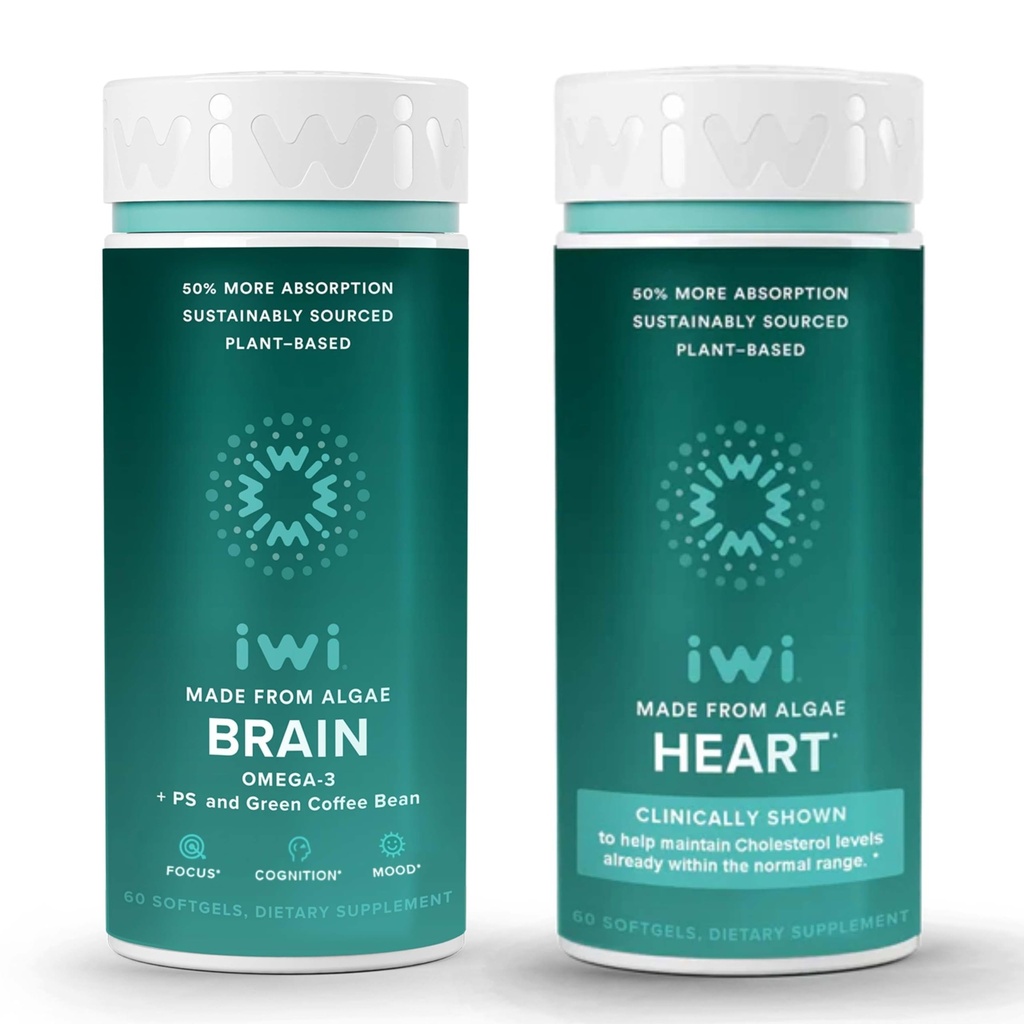 Iwi Life Brain & Heart Omega-3 번들, 30 서빙, Vegan Plant-Based Algae Omega 3, Krill & Fish Oil Alternative, No Fishy Aftertaste