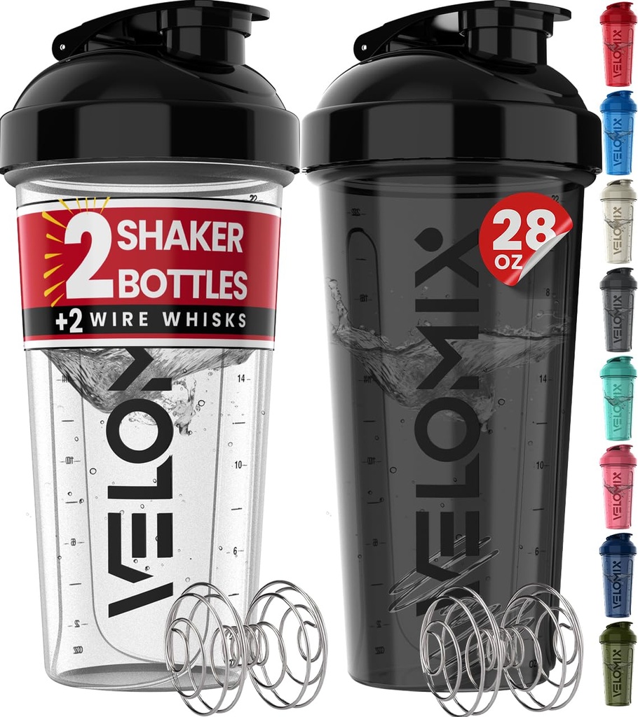 VELOMIX -2 팩 - 28 oz Protein Shaker Bottles for Protein Mixes - 2x Wire Whisk | 단백질 쉐이크 용 누출 방지 셰이커 컵 | 단백질 쉐이커 병 팩 (블랙 / 투명)