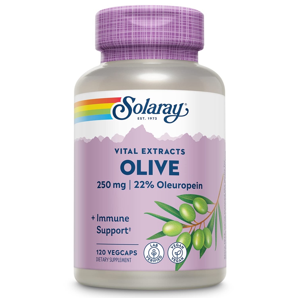 SOLARAY Olive 250mg - 22% Oleuropein, Plus Lemon Balm이있는 올리브 리프 추출물 캡슐 - 웰빙 지원을위한 폴리 페놀 보충 - 채식, 60 일 보증, 실험실 검증 - 120 서빙, 120 VegCaps