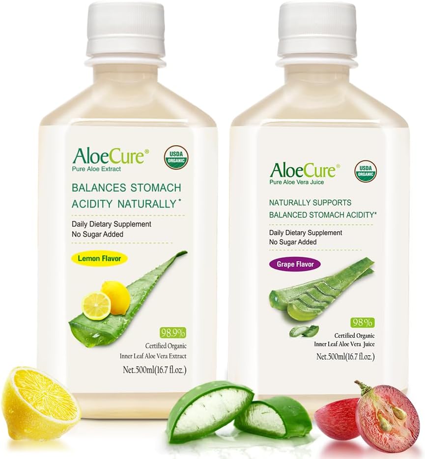 AloeCure 유기 알로에 베라 주스 - 2 병 샘플 팩 - 레몬과 포도 맛 - 2x500ml